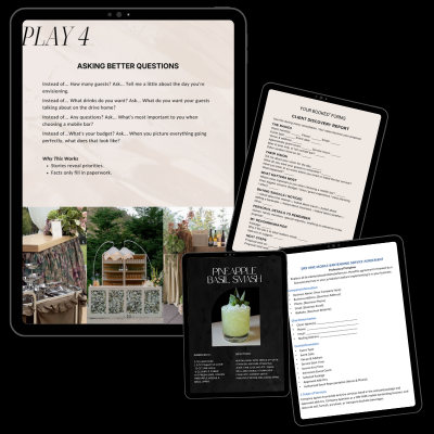 Inside the guides: a BOOKED conversation play, client discovery form and a Cocktail Vault recipe