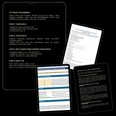 Inside the guides: the mobile bar package pricing calculator and worksheets